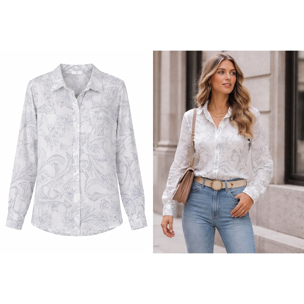 LinenBlend Button Down Shirt‎ W Med. White Coastal Paisley LightweightResortwear